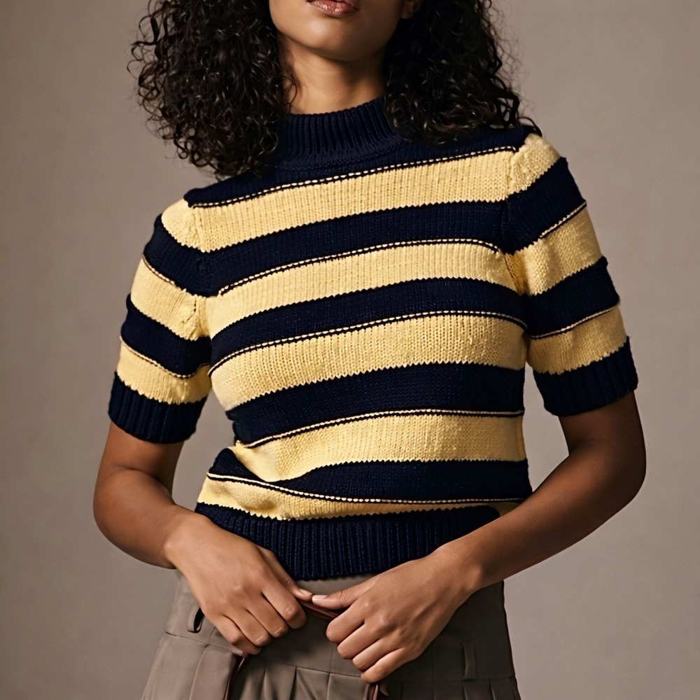 Anthropologie New Pilcro Yellow Striped Short Sleeve Mock Neck Sweater SZ XL